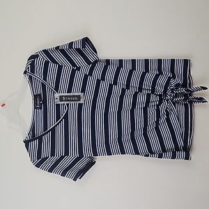 Btween Short Sleeve V-Neck Striped Tie-Front Knit T-Shirt - Navy, XL